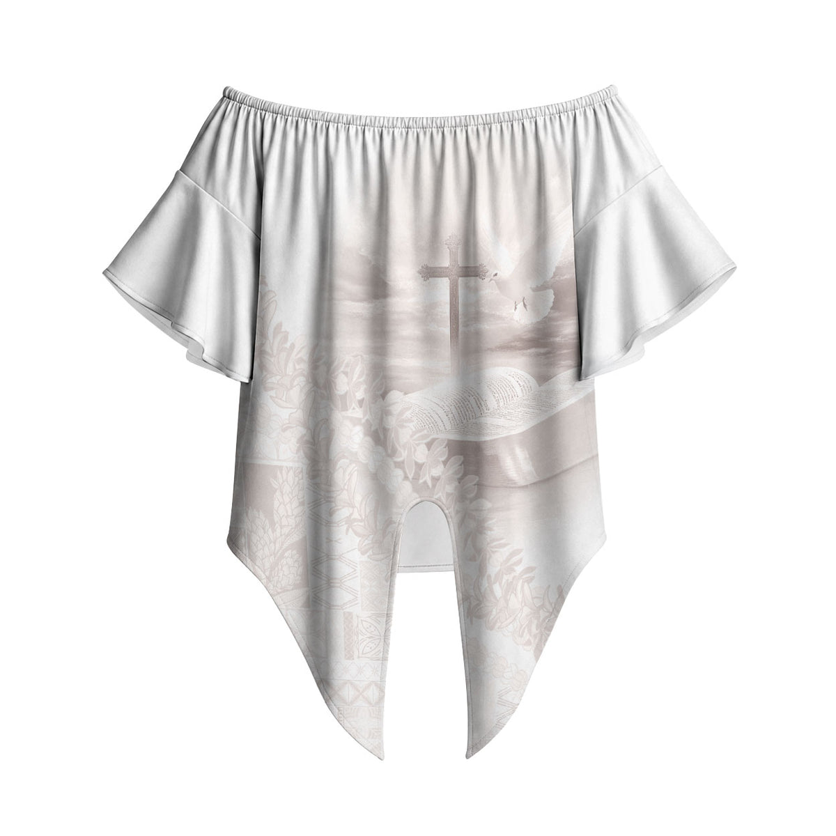 Samoa Lotu Tamaiti White Prayers Off Shoulder Wrap Waist Top Floral Mamanu Siapo LT7 - Polynesian Pride