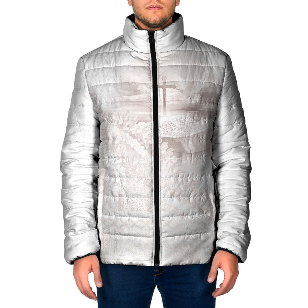 Samoa Lotu Tamaiti White Prayers Padded Jacket Floral Mamanu Siapo LT7 Men White - Polynesian Pride