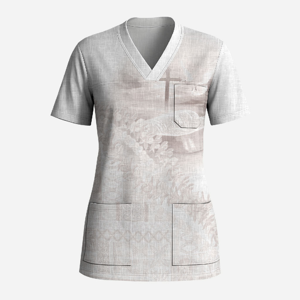 Samoa Lotu Tamaiti White Prayers Scrub Top Floral Mamanu Siapo LT7 Adult White - Polynesian Pride