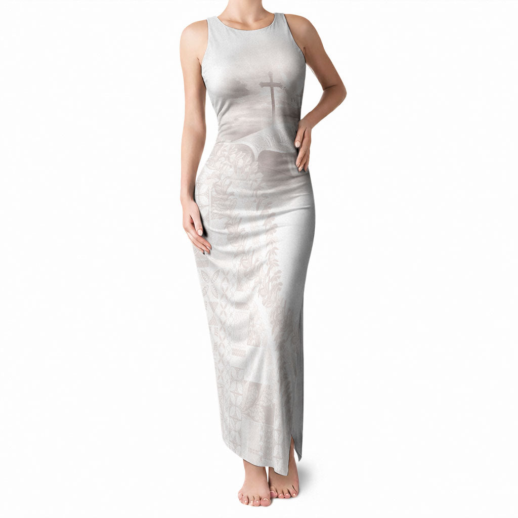 Samoa Lotu Tamaiti White Prayers Tank Maxi Dress Floral Mamanu Siapo LT7 Women White - Polynesian Pride