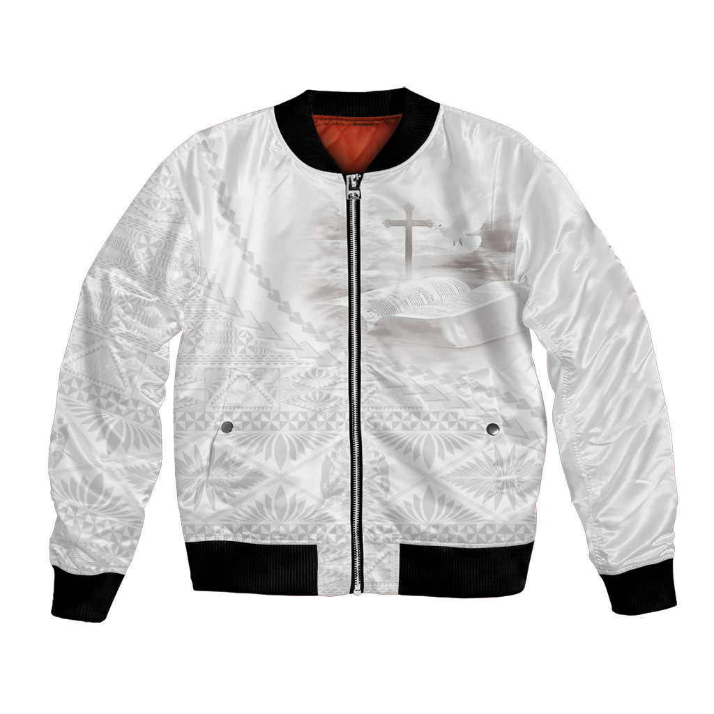 Tonga White Sunday Fakame Bomber Jacket Tokelaufeletoa Kupesi LT7 Unisex White - Polynesian Pride