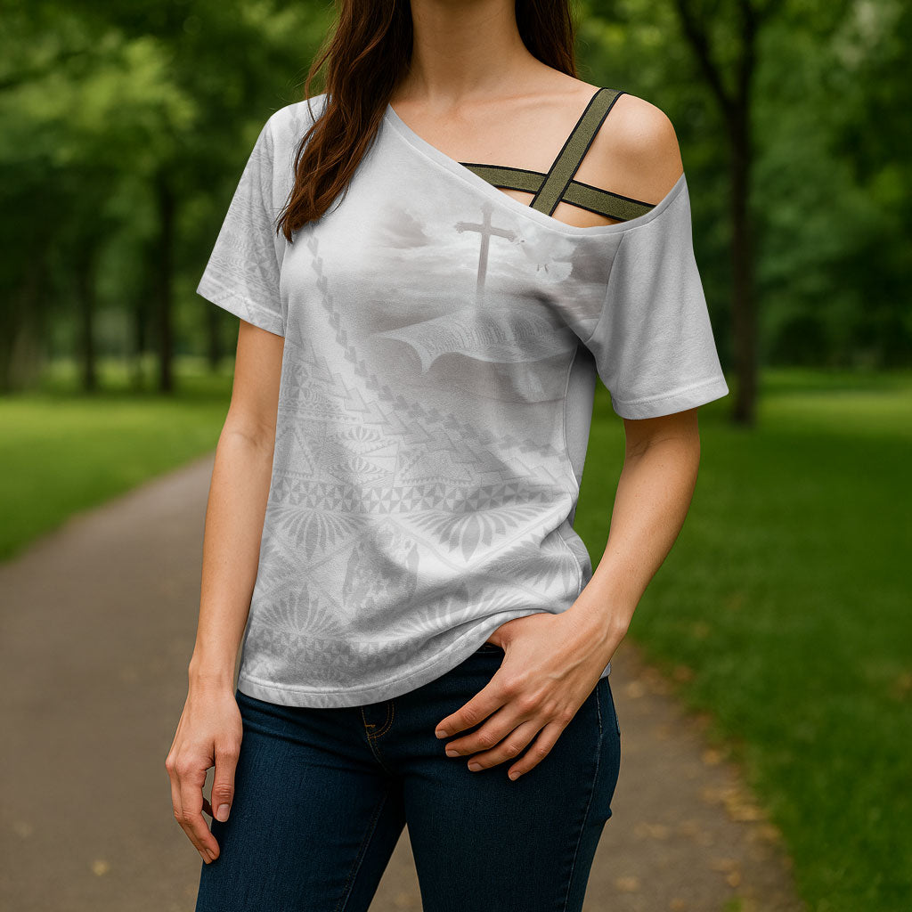 Tonga White Sunday Fakame Cross Shoulder Shirt Tokelaufeletoa Kupesi LT7 - Polynesian Pride