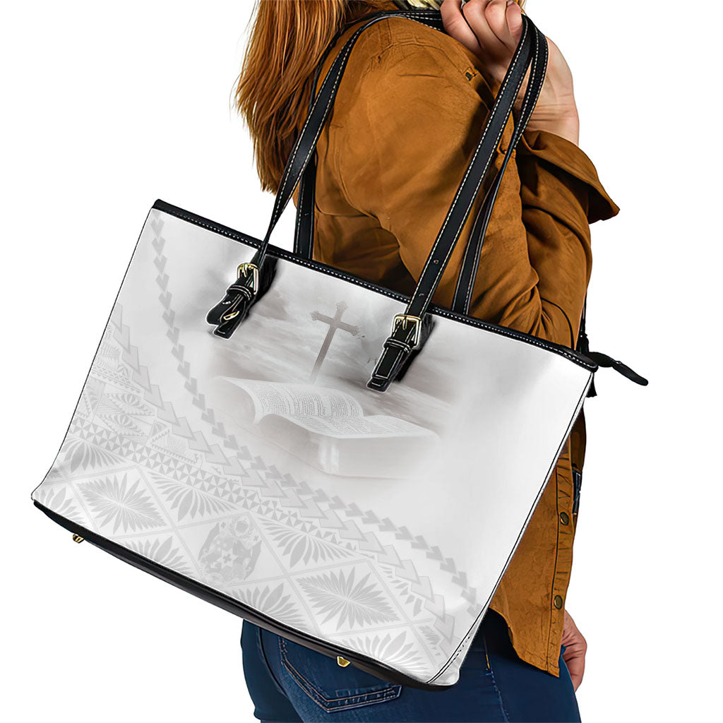 Tonga White Sunday Fakame Leather Tote Bag Tokelaufeletoa Kupesi LT7 - Polynesian Pride
