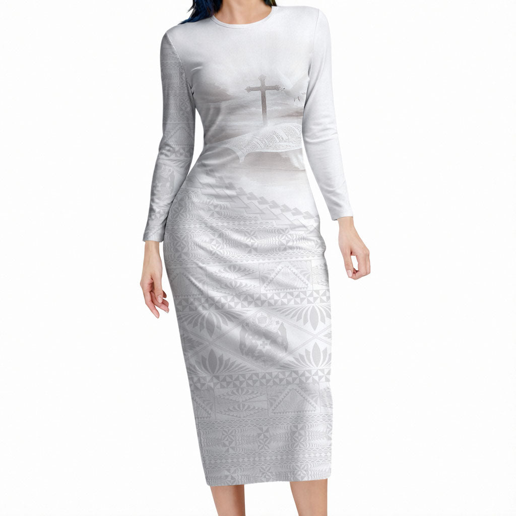 Tonga White Sunday Fakame Long Sleeve Bodycon Dress Tokelaufeletoa Kupesi LT7 Long Dress White - Polynesian Pride