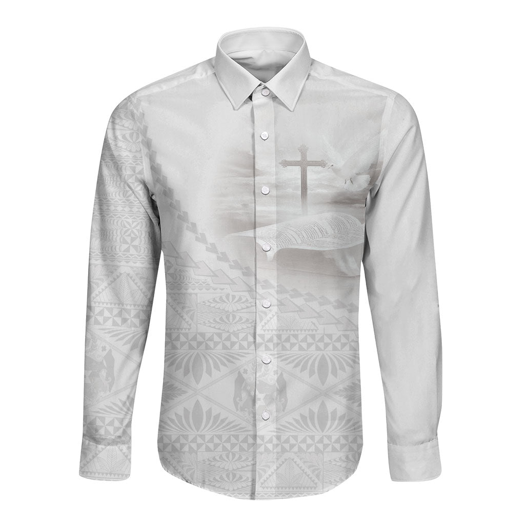 Tonga White Sunday Fakame Long Sleeve Button Shirt Tokelaufeletoa Kupesi LT7 Unisex White - Polynesian Pride
