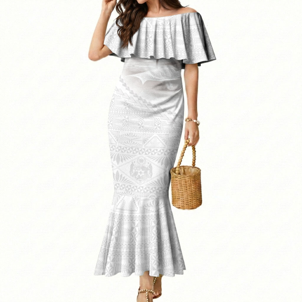 Tonga White Sunday Fakame Mermaid Dress Tokelaufeletoa Kupesi LT7 Women White - Polynesian Pride
