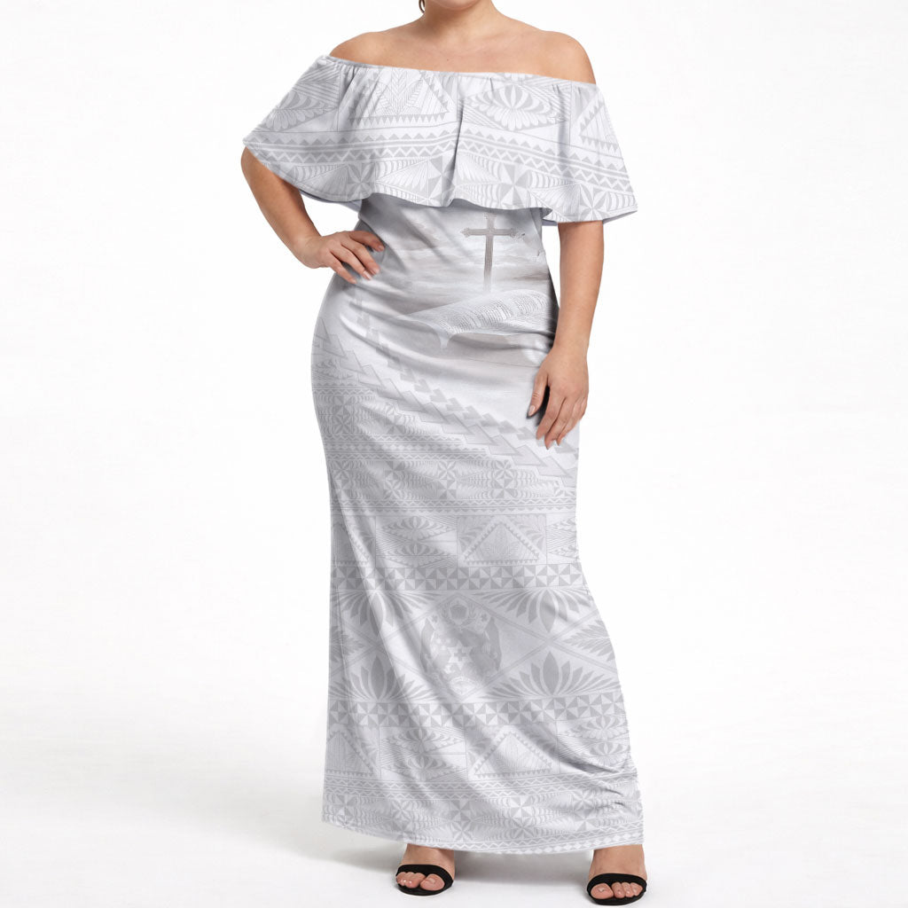 Tonga White Sunday Fakame Off Shoulder Maxi Dress Tokelaufeletoa Kupesi LT7 Women White - Polynesian Pride
