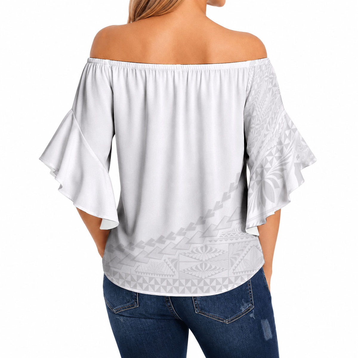 Tonga White Sunday Fakame Off Shoulder Wrap Waist Top Tokelaufeletoa Kupesi LT7 - Polynesian Pride