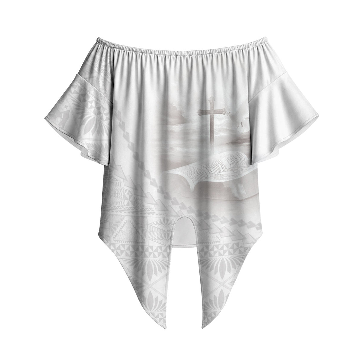 Tonga White Sunday Fakame Off Shoulder Wrap Waist Top Tokelaufeletoa Kupesi LT7 - Polynesian Pride