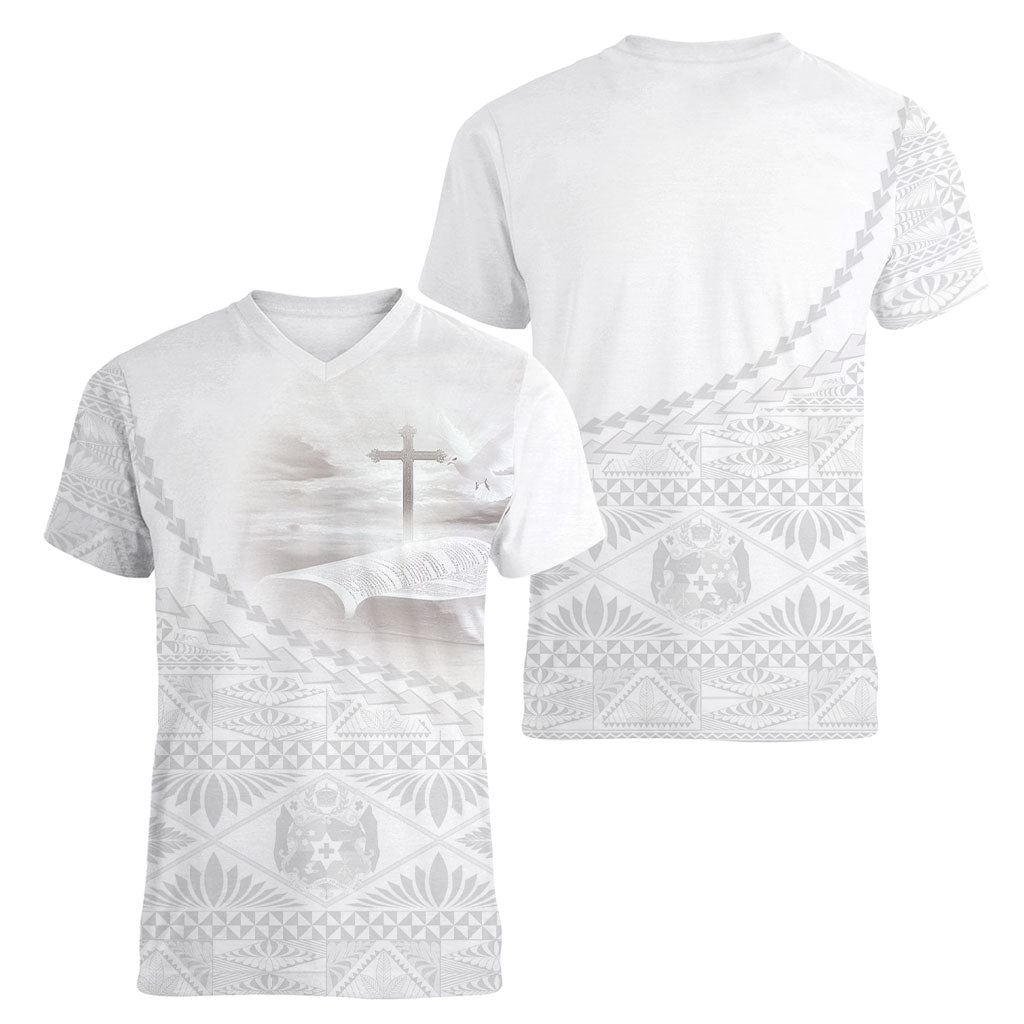 Tonga White Sunday Fakame Women V-Neck T-Shirt Tokelaufeletoa Kupesi LT7 - Polynesian Pride