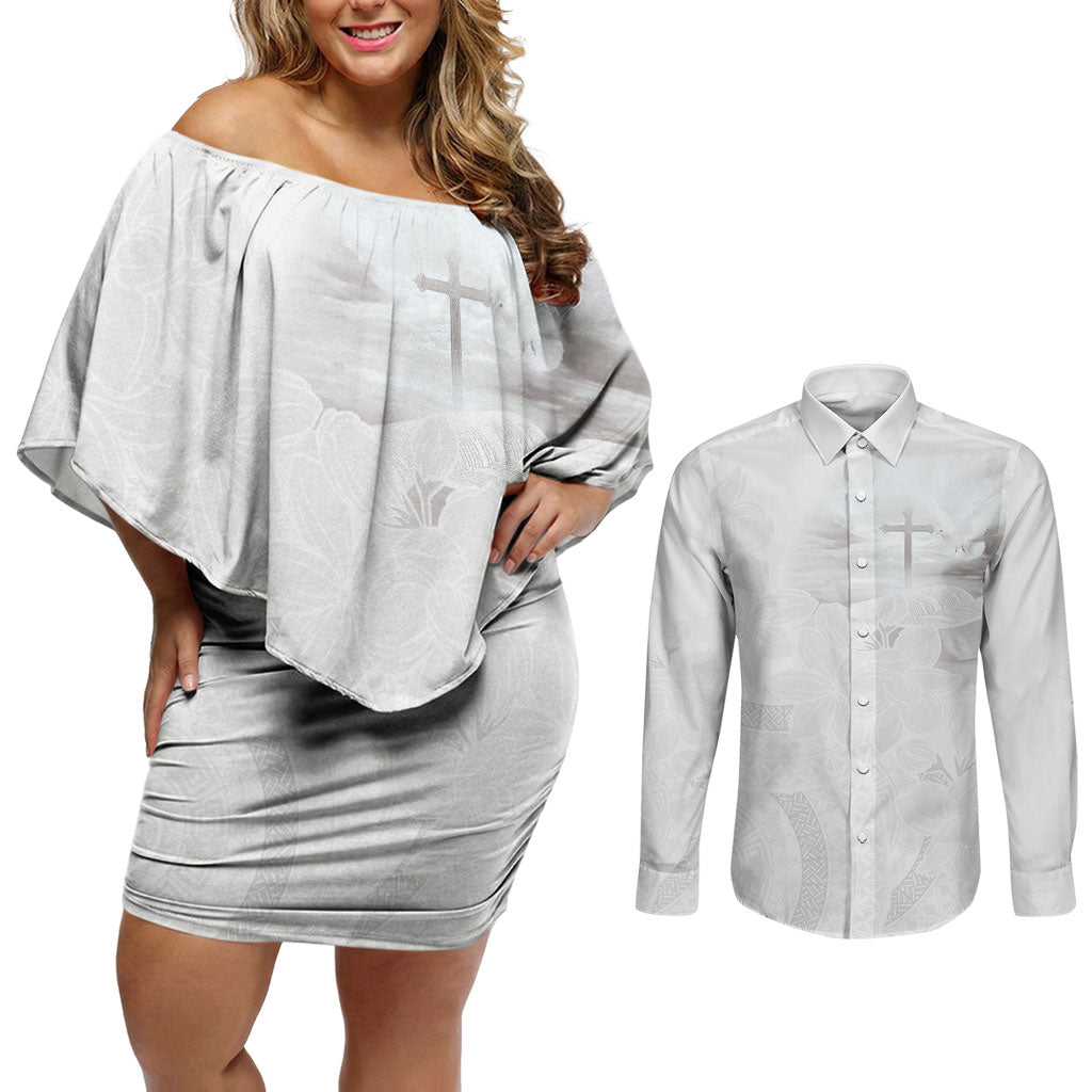 Niue White Sunday Tapu Fanau Couples Matching Off Shoulder Short Dress and Long Sleeve Button Shirt Fiti Pua Mix Hiapo Tapa LT7 White - Polynesian Pride