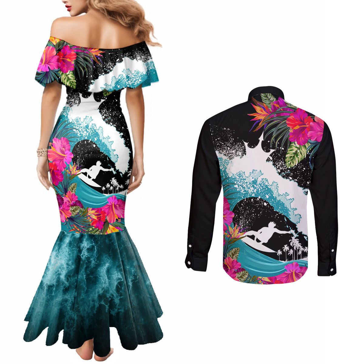 Hawaii Surfing Couples Matching Mermaid Dress and Long Sleeve Button Shirts Triple Crown Rides The Waves LT7 - Polynesian Pride