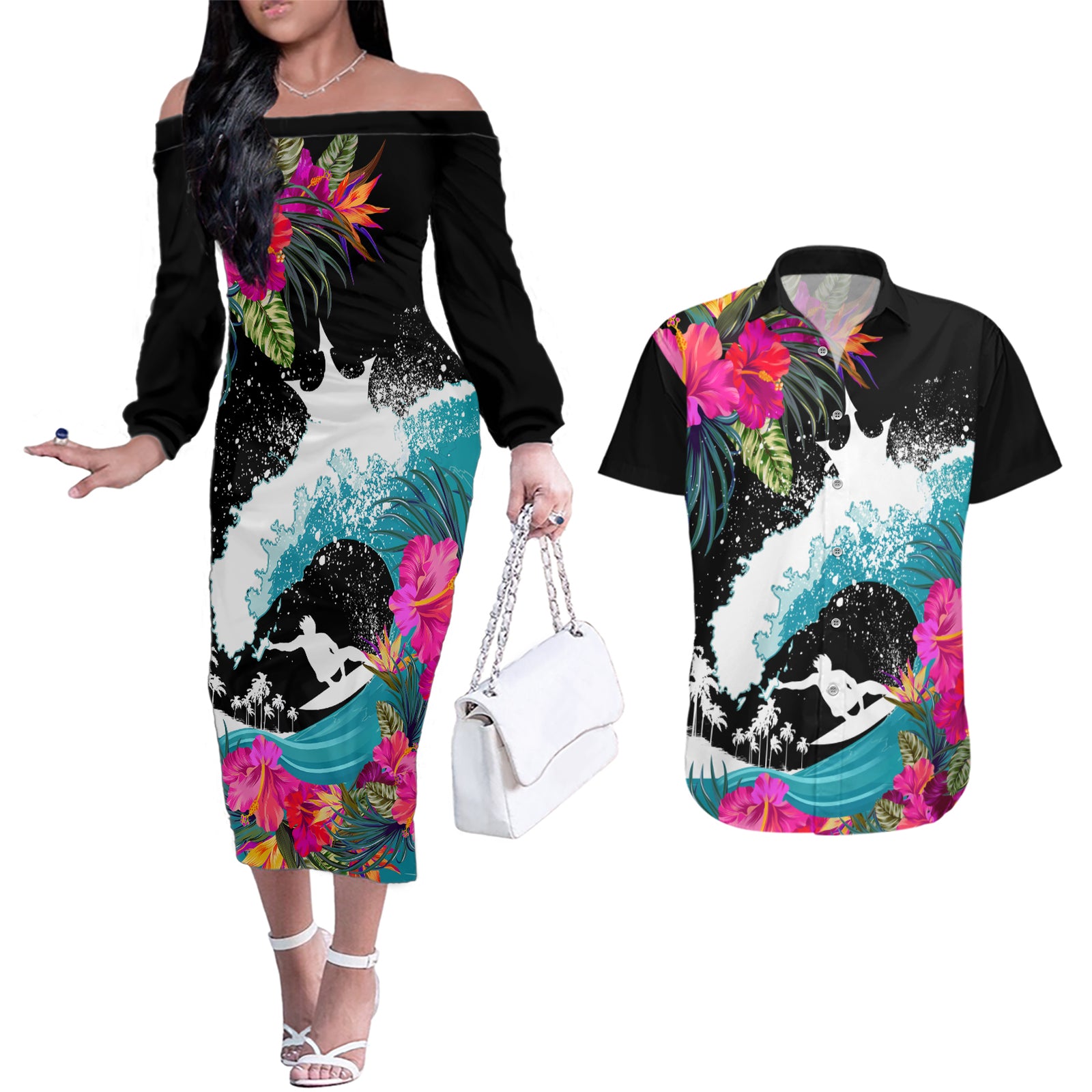 Hawaii Surfing Couples Matching Off The Shoulder Long Sleeve Dress and Hawaiian Shirt Triple Crown Rides The Waves LT7 Black - Polynesian Pride