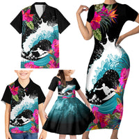 Hawaii Surfing Family Matching Short Sleeve Bodycon Dress and Hawaiian Shirt Triple Crown Rides The Waves LT7 - Polynesian Pride