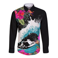 Hawaii Surfing Long Sleeve Button Shirt Triple Crown Rides The Waves LT7 Unisex Black - Polynesian Pride