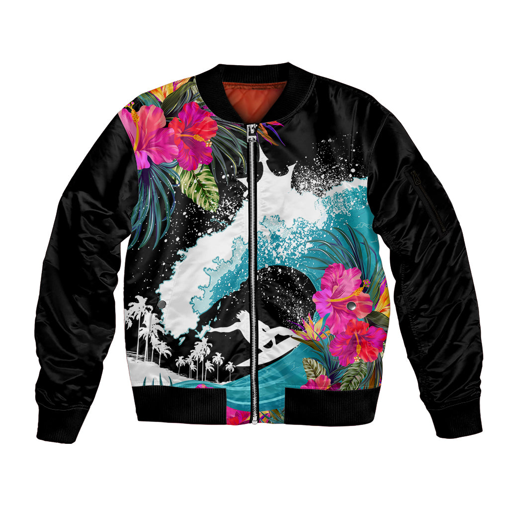 Hawaii Surfing Sleeve Zip Bomber Jacket Triple Crown Rides The Waves LT7 Unisex Black - Polynesian Pride