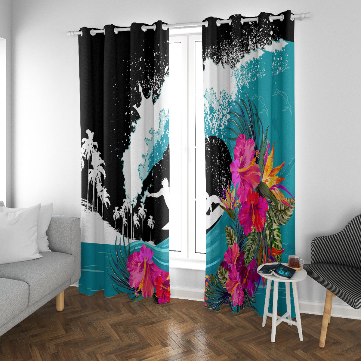 Hawaii Surfing Window Curtain Triple Crown Rides The Waves LT7 With Grommets Black - Polynesian Pride
