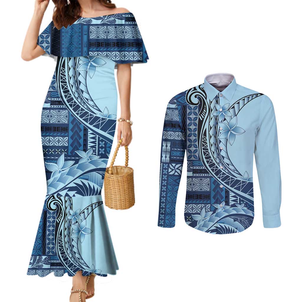 Samoa Siapo Mamanu Couples Matching Mermaid Dress and Long Sleeve Button Shirt Plumeria Navy Blue Motifs