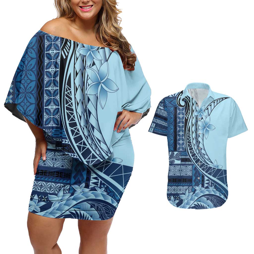 Samoa Siapo Mamanu Couples Matching Off Shoulder Short Dress and Hawaiian Shirt Plumeria Navy Blue Motifs