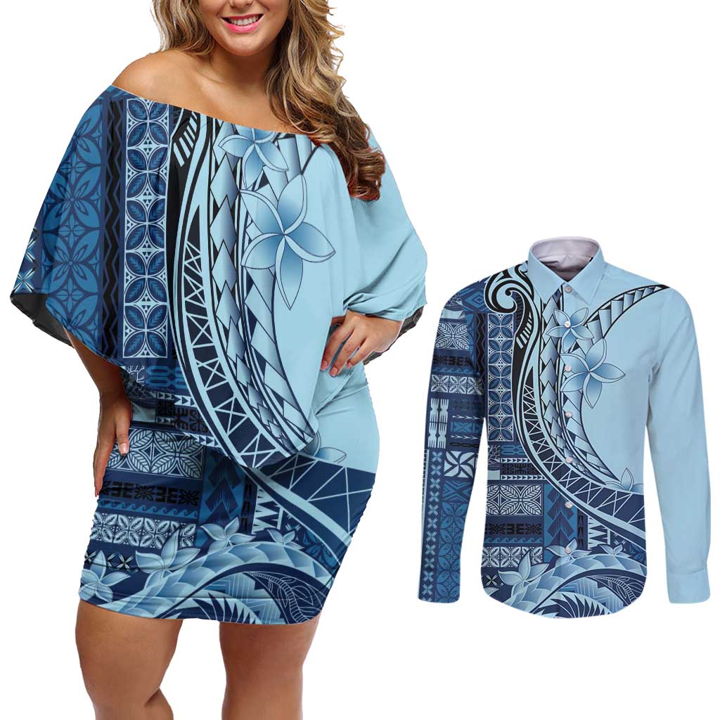 Samoa Siapo Mamanu Couples Matching Off Shoulder Short Dress and Long Sleeve Button Shirt Plumeria Navy Blue Motifs