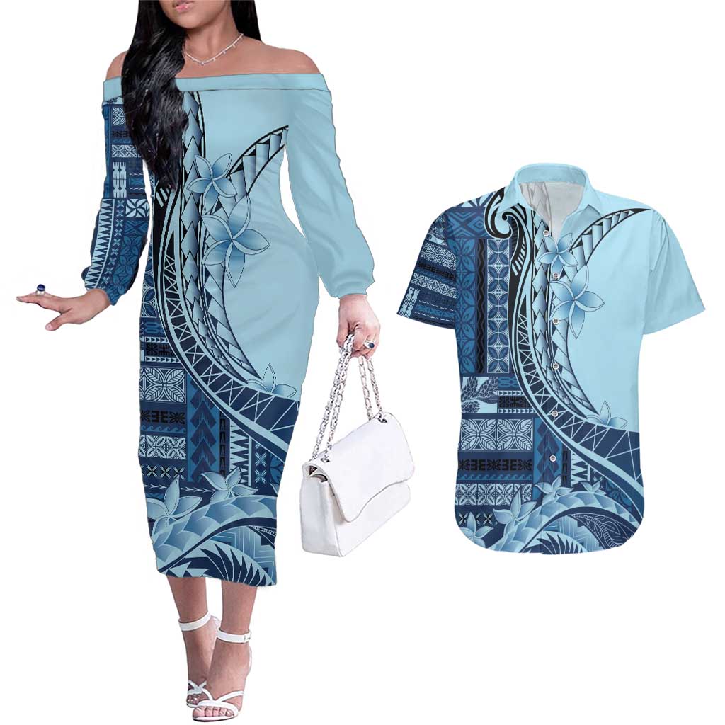 Samoa Siapo Mamanu Couples Matching Off The Shoulder Long Sleeve Dress and Hawaiian Shirt Plumeria Navy Blue Motifs