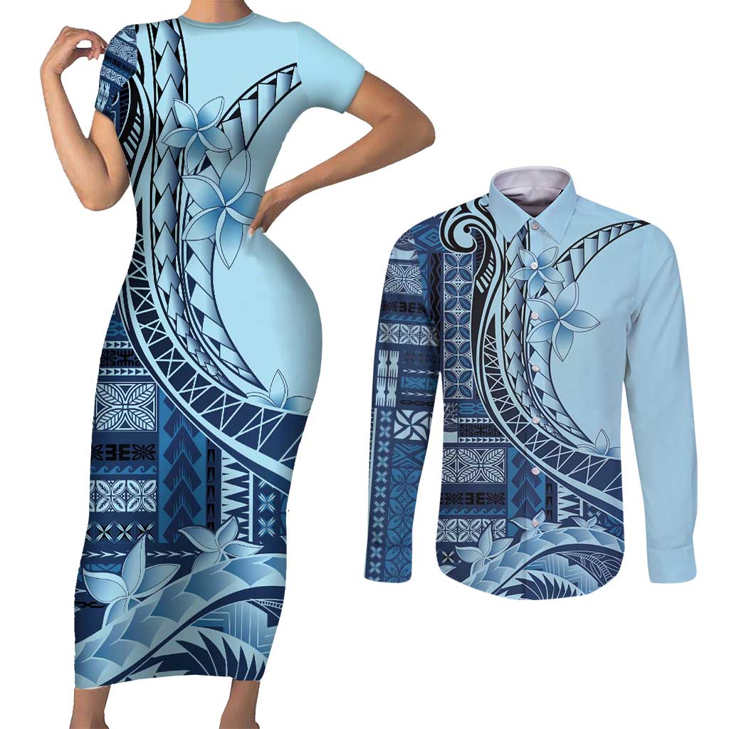 Samoa Siapo Mamanu Couples Matching Short Sleeve Bodycon Dress and Long Sleeve Button Shirt Plumeria Navy Blue Motifs