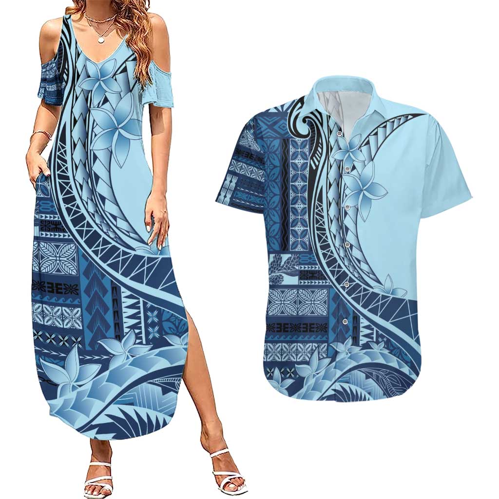 Samoa Siapo Mamanu Couples Matching Summer Maxi Dress and Hawaiian Shirt Plumeria Navy Blue Motifs