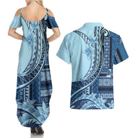 Samoa Siapo Mamanu Couples Matching Summer Maxi Dress and Hawaiian Shirt Plumeria Navy Blue Motifs