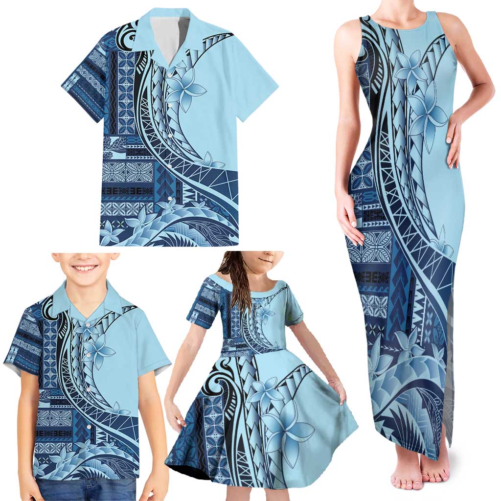 Samoa Siapo Mamanu Family Matching Tank Maxi Dress and Hawaiian Shirt Plumeria Navy Blue Motifs