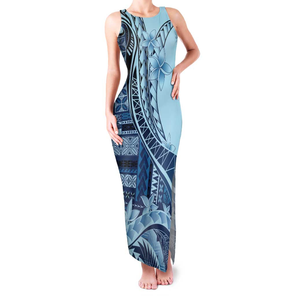Samoa Siapo Mamanu Family Matching Tank Maxi Dress and Hawaiian Shirt Plumeria Navy Blue Motifs