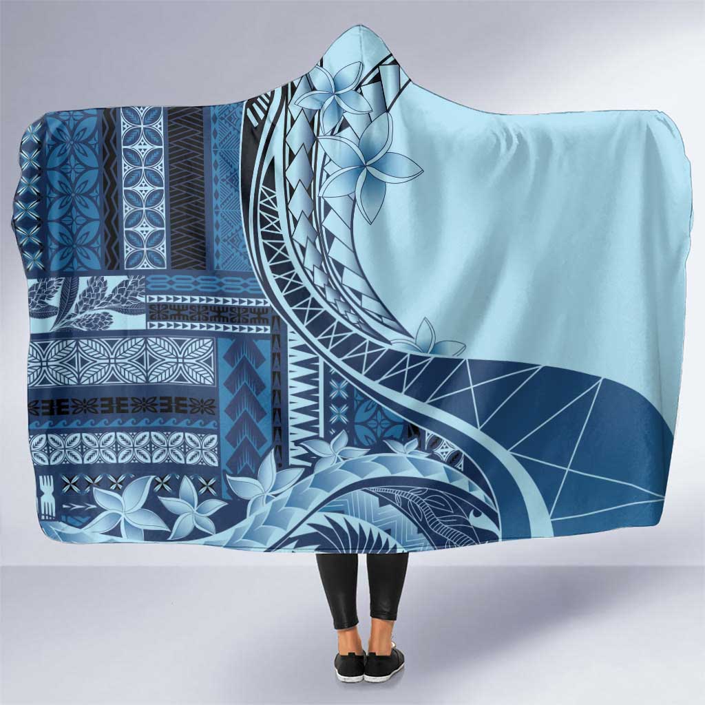 Samoa Siapo Mamanu Hooded Blanket Plumeria Navy Blue Motifs