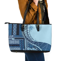Samoa Siapo Mamanu Leather Tote Bag Plumeria Navy Blue Motifs