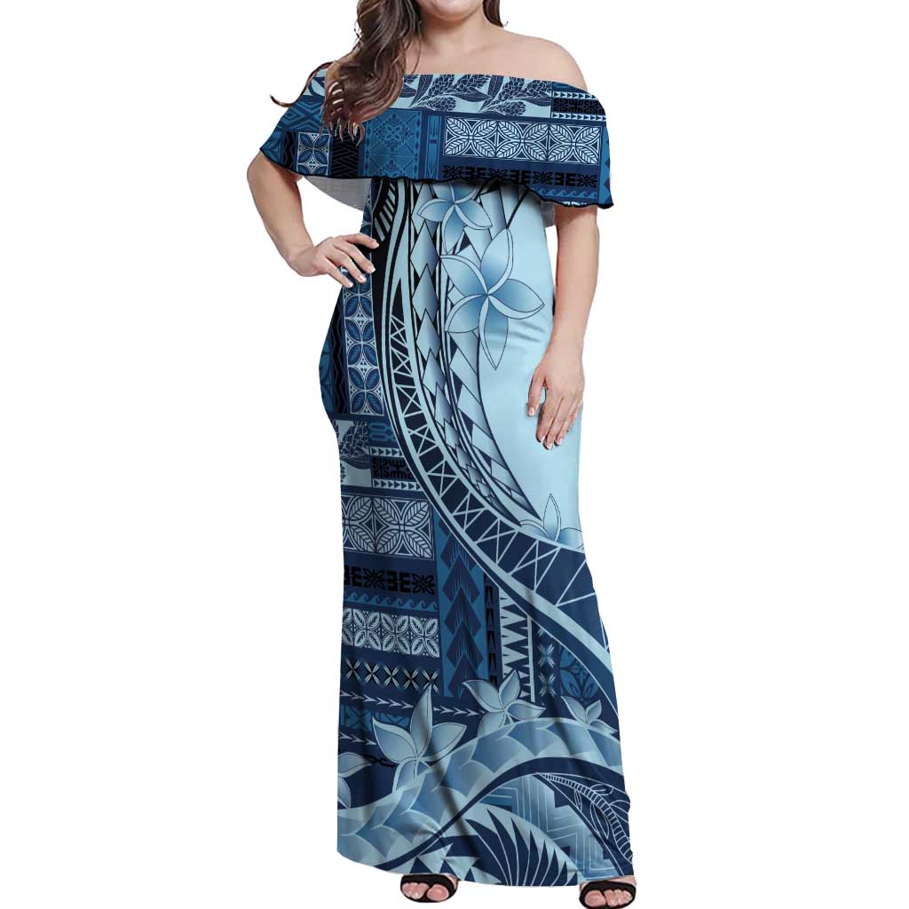 Samoa Siapo Mamanu Off Shoulder Maxi Dress Plumeria Navy Blue Motifs