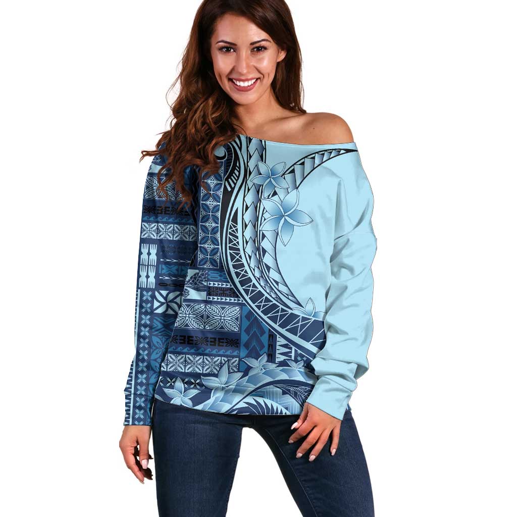 Samoa Siapo Mamanu Off Shoulder Sweater Plumeria Navy Blue Motifs