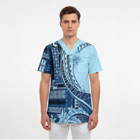 Samoa Siapo Mamanu Scrub Top Plumeria Navy Blue Motifs - Polynesian Pride