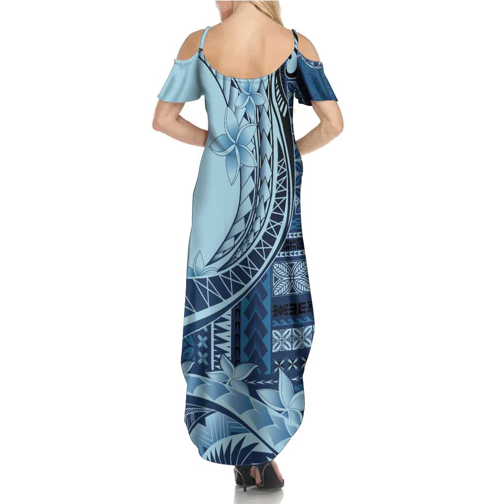 Samoa Siapo Mamanu Summer Maxi Dress Plumeria Navy Blue Motifs