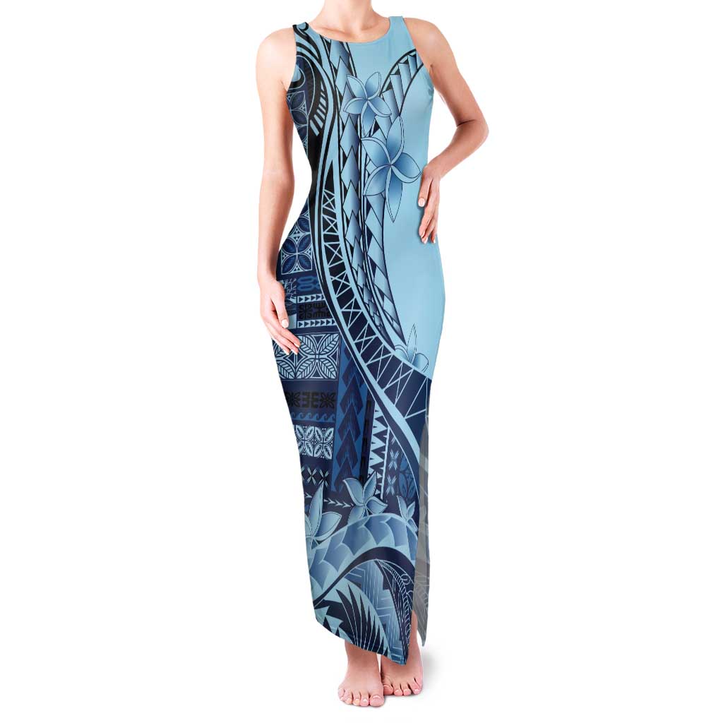 Samoa Siapo Mamanu Tank Maxi Dress Plumeria Navy Blue Motifs