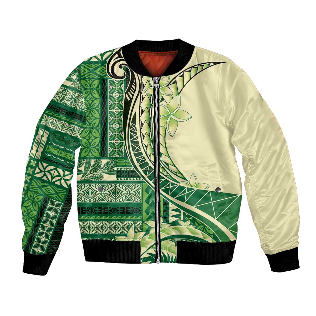 Samoa Siapo Mamanu Bomber Jacket Plumeria Emerald Motifs