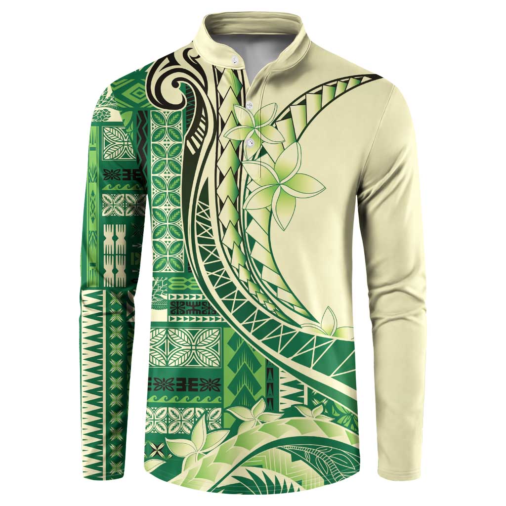 Samoa Siapo Mamanu Button Sweatshirt Plumeria Emerald Motifs