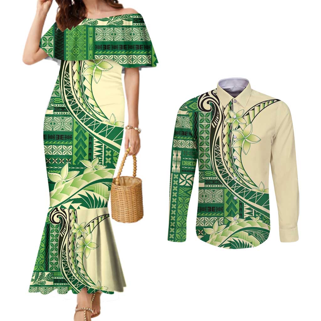 Samoa Siapo Mamanu Couples Matching Mermaid Dress and Long Sleeve Button Shirt Plumeria Emerald Motifs