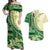 Samoa Siapo Mamanu Couples Matching Off Shoulder Maxi Dress and Hawaiian Shirt Plumeria Emerald Motifs