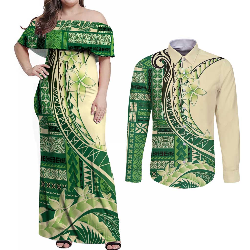 Samoa Siapo Mamanu Couples Matching Off Shoulder Maxi Dress and Long Sleeve Button Shirt Plumeria Emerald Motifs