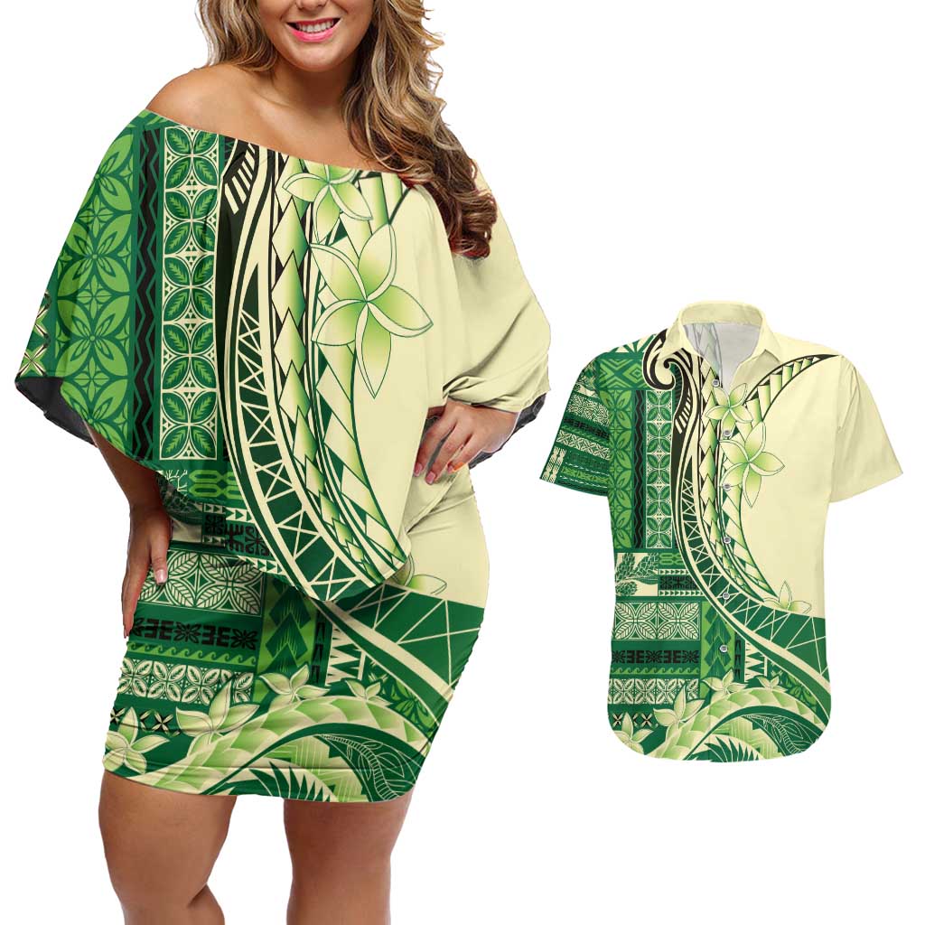 Samoa Siapo Mamanu Couples Matching Off Shoulder Short Dress and Hawaiian Shirt Plumeria Emerald Motifs