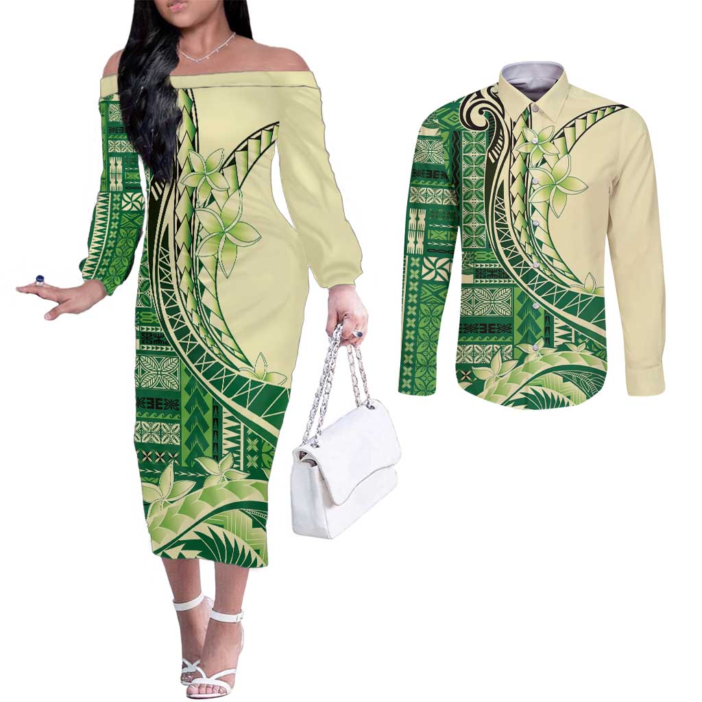 Samoa Siapo Mamanu Couples Matching Off The Shoulder Long Sleeve Dress and Long Sleeve Button Shirt Plumeria Emerald Motifs