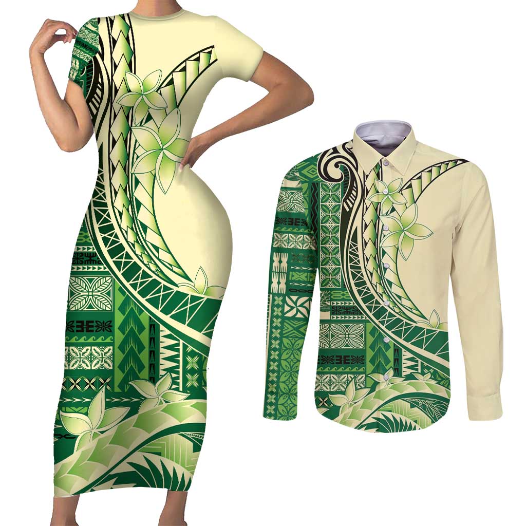 Samoa Siapo Mamanu Couples Matching Short Sleeve Bodycon Dress and Long Sleeve Button Shirt Plumeria Emerald Motifs