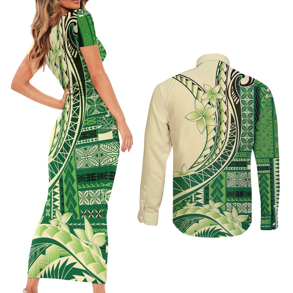 Samoa Siapo Mamanu Couples Matching Short Sleeve Bodycon Dress and Long Sleeve Button Shirt Plumeria Emerald Motifs