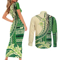 Samoa Siapo Mamanu Couples Matching Short Sleeve Bodycon Dress and Long Sleeve Button Shirt Plumeria Emerald Motifs