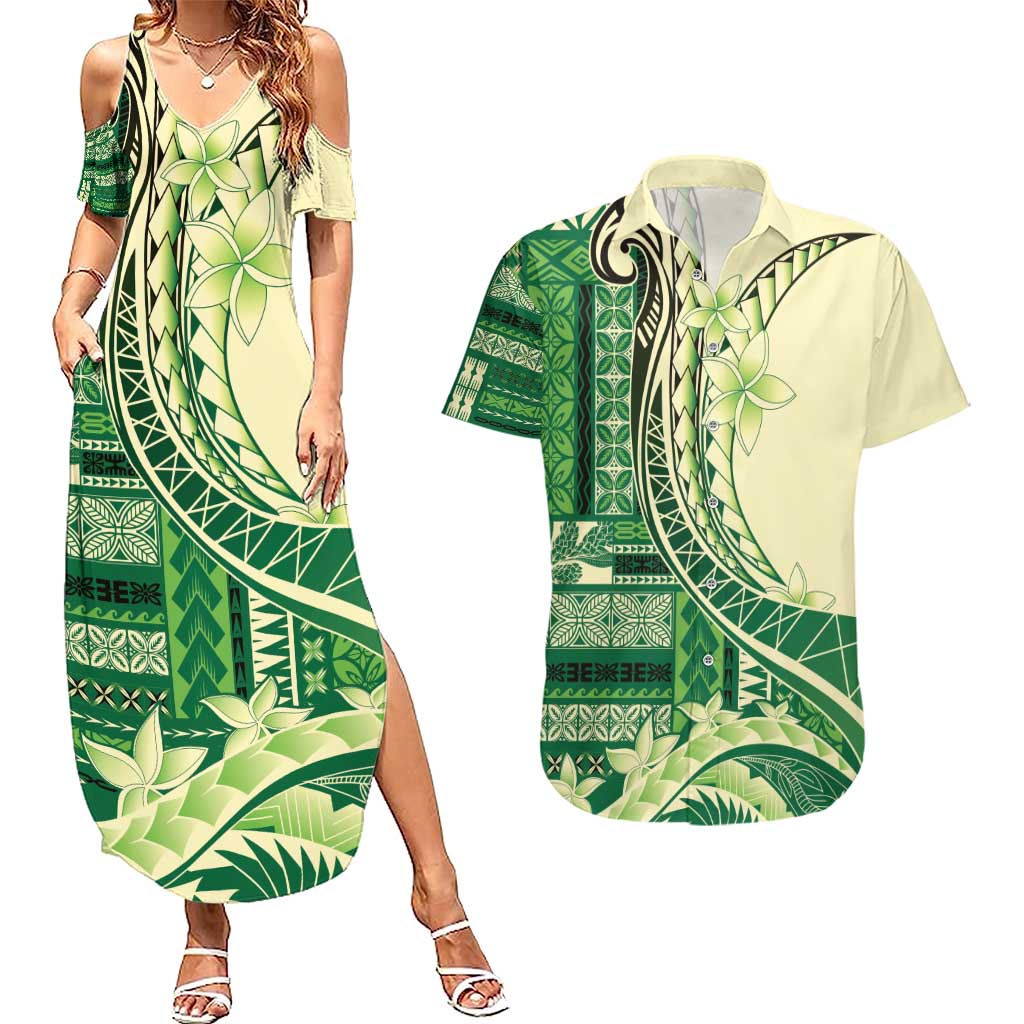 Samoa Siapo Mamanu Couples Matching Summer Maxi Dress and Hawaiian Shirt Plumeria Emerald Motifs