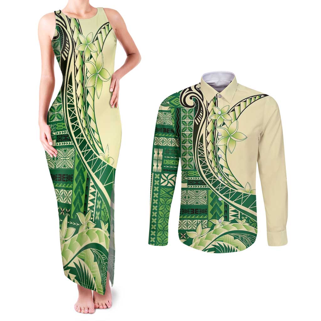 Samoa Siapo Mamanu Couples Matching Tank Maxi Dress and Long Sleeve Button Shirt Plumeria Emerald Motifs