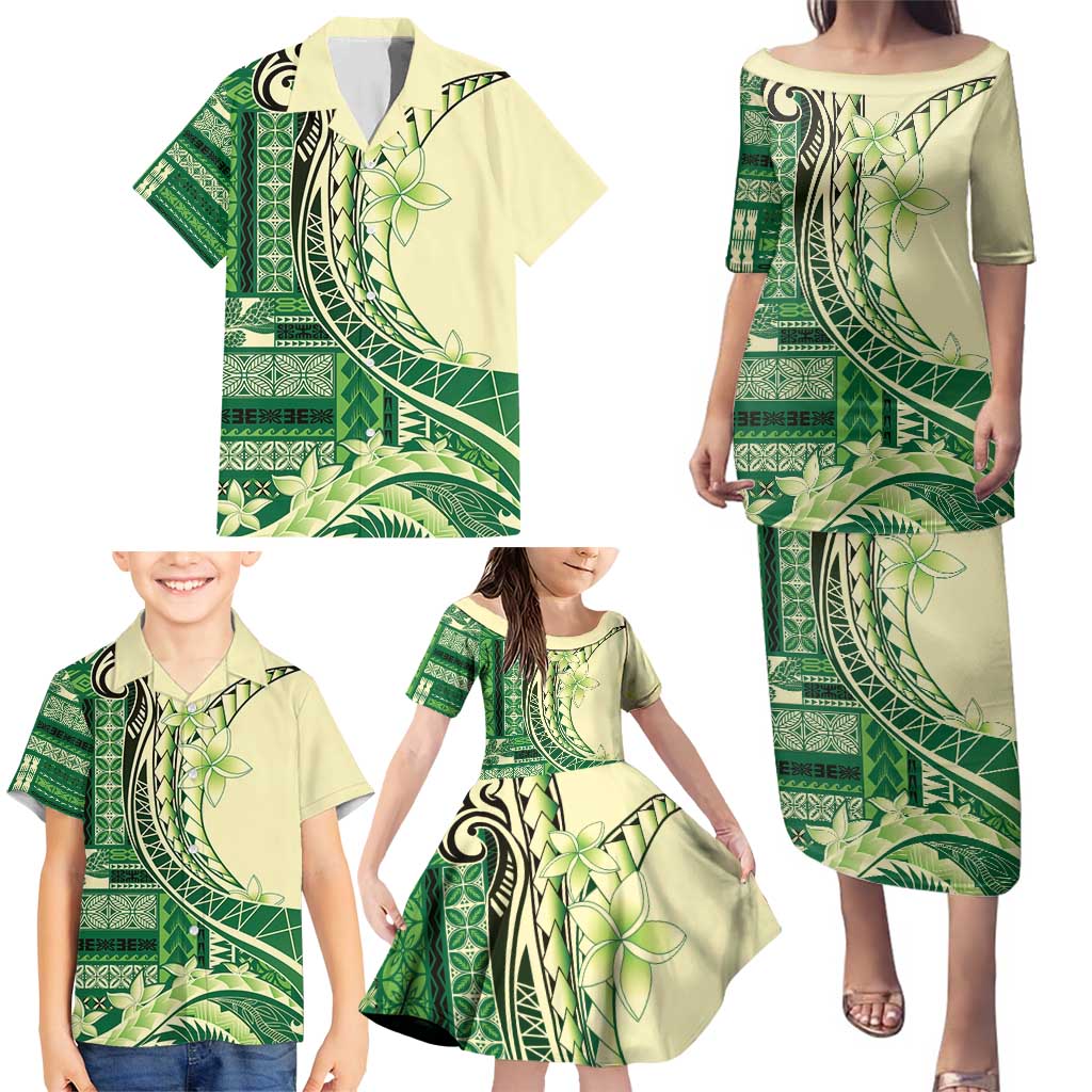 Samoa Siapo Mamanu Family Matching Puletasi and Hawaiian Shirt Plumeria Emerald Motifs